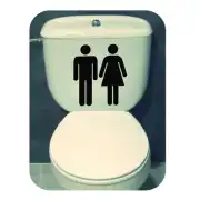 Sticker with black male and female symbols applied to a toilet cistern