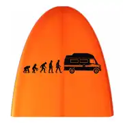 Evolution James Cook design applied to an orange surface, with human silhouettes and a camper van