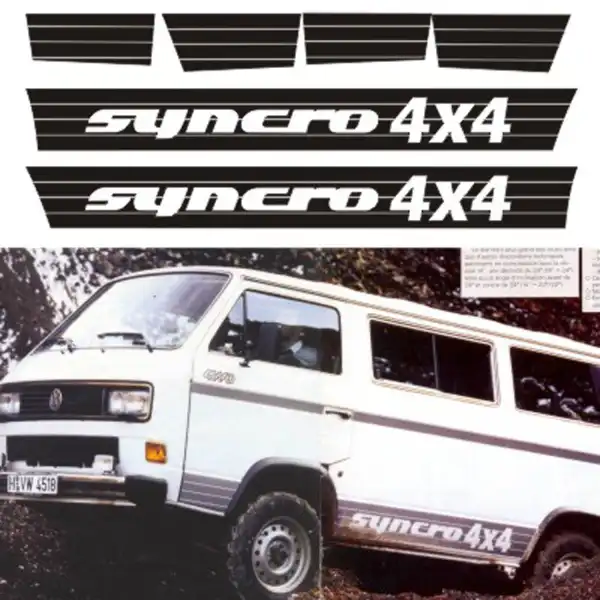 Vinilos negros syncro 4x4 mostrados junto a una furgoneta blanca