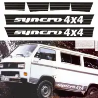 Vinilos negros syncro 4x4 mostrados junto a una furgoneta blanca