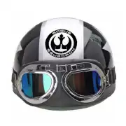 Black and white circular Rogue Squadron sticker placed on the band of a helmet with goggles