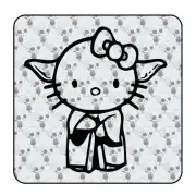Cat design with bow and robe, shown against a skull background