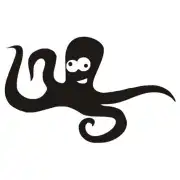 Diseño de pulpo negro con ojos blancos y sonrisa, representado de perfil sobre fondo blanco