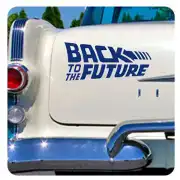Blauer „Back to the Future“-Aufkleber auf der Rückseite eines klassischen Automobils