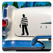 Vinilo negro con silueta de figura con sombrero aplicado en un coche blanco.