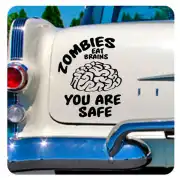 Pegatina «Zombies Eat Brains You Are Safe» aplicada en la parte trasera de un coche clásico