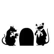 Konturgeschnittenes Design mit zwei bekleideten Ratten neben einem Bogeneingang