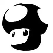 Schwarze Silhouette eines stilisierten Pilzes mit weißen Augen und dunklen Details