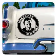 Circular Mr. Wolf sticker placed on the rear of a classic white car