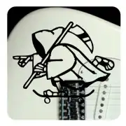 La Muerte sur un skateboard appliquée à l’arrière d’une guitare