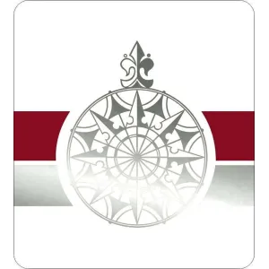 Emblema gris de rosa de los vientos sobre franjas rojas y plateadas